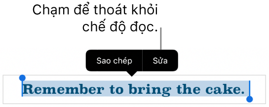 Một câu được chọn và phía trên câu đó là menu ngữ cảnh với các nút Sao chép và Sửa.