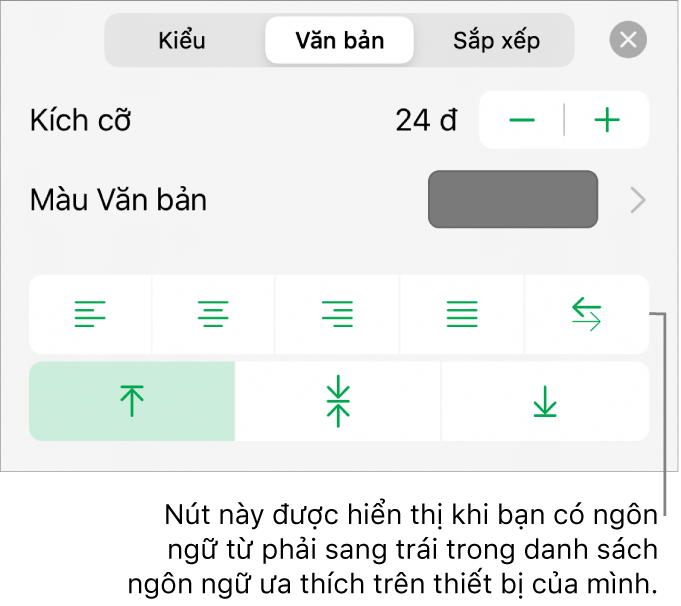 Phần Kiểu của menu Định dạng với chỉ thị đến các nút Phải sang trái.