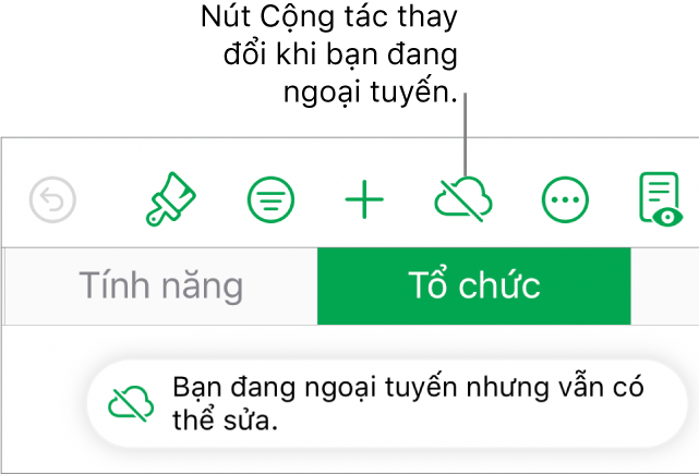 Các nút ở đầu màn hình, với nút Cộng tác được thay đổi thành đám mây với đường chéo xuyên qua. Cảnh báo trên màn hình cho biết “Bạn đang ngoại tuyến nhưng vẫn có thể sửa”.