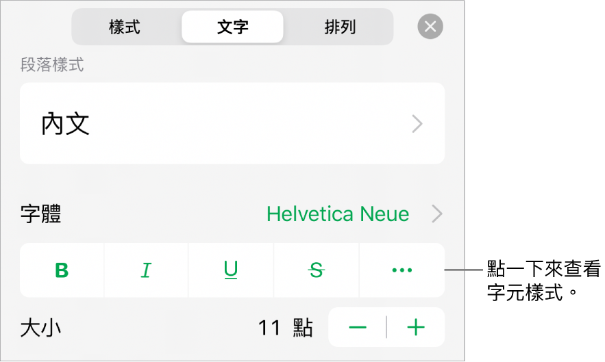 帶有段落樣式的「格式」控制項目位於最上方，然後是「字體」控制項目。「字體」下方為「粗體」、「斜體」、「底線」、「刪除線」和「更多文字選項」按鈕。