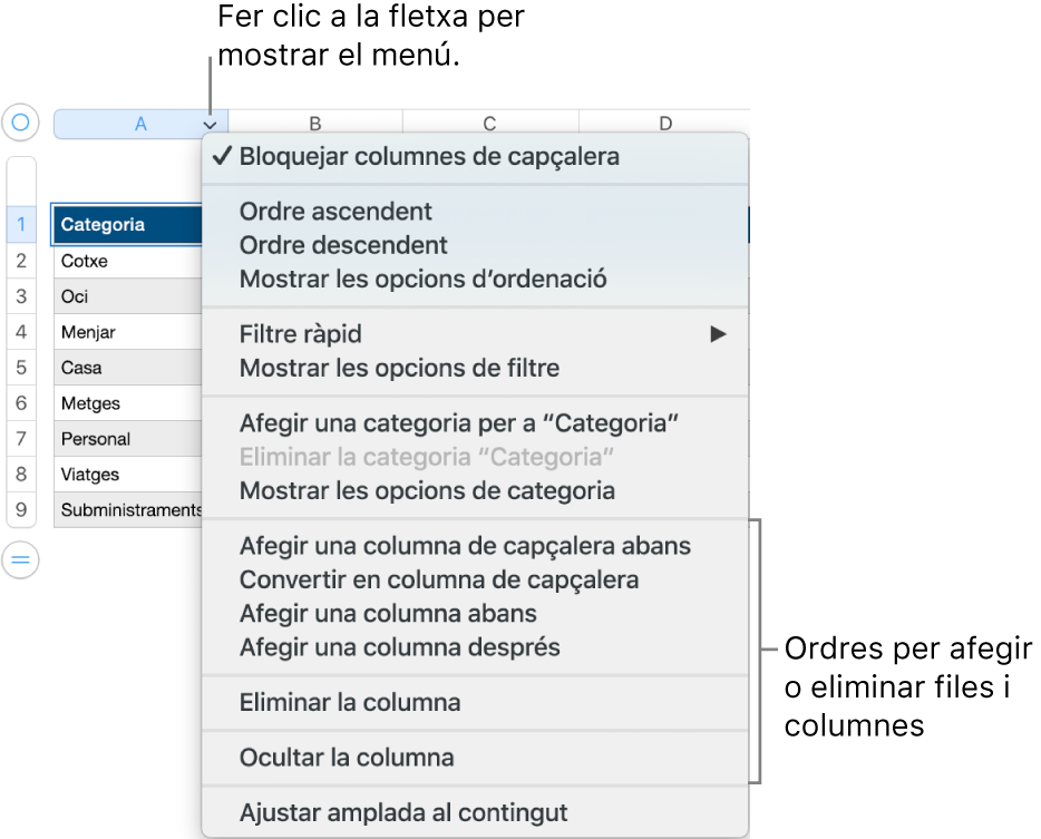 El menú de columna de taula, amb les opcions per afegir o eliminar files i columnes.