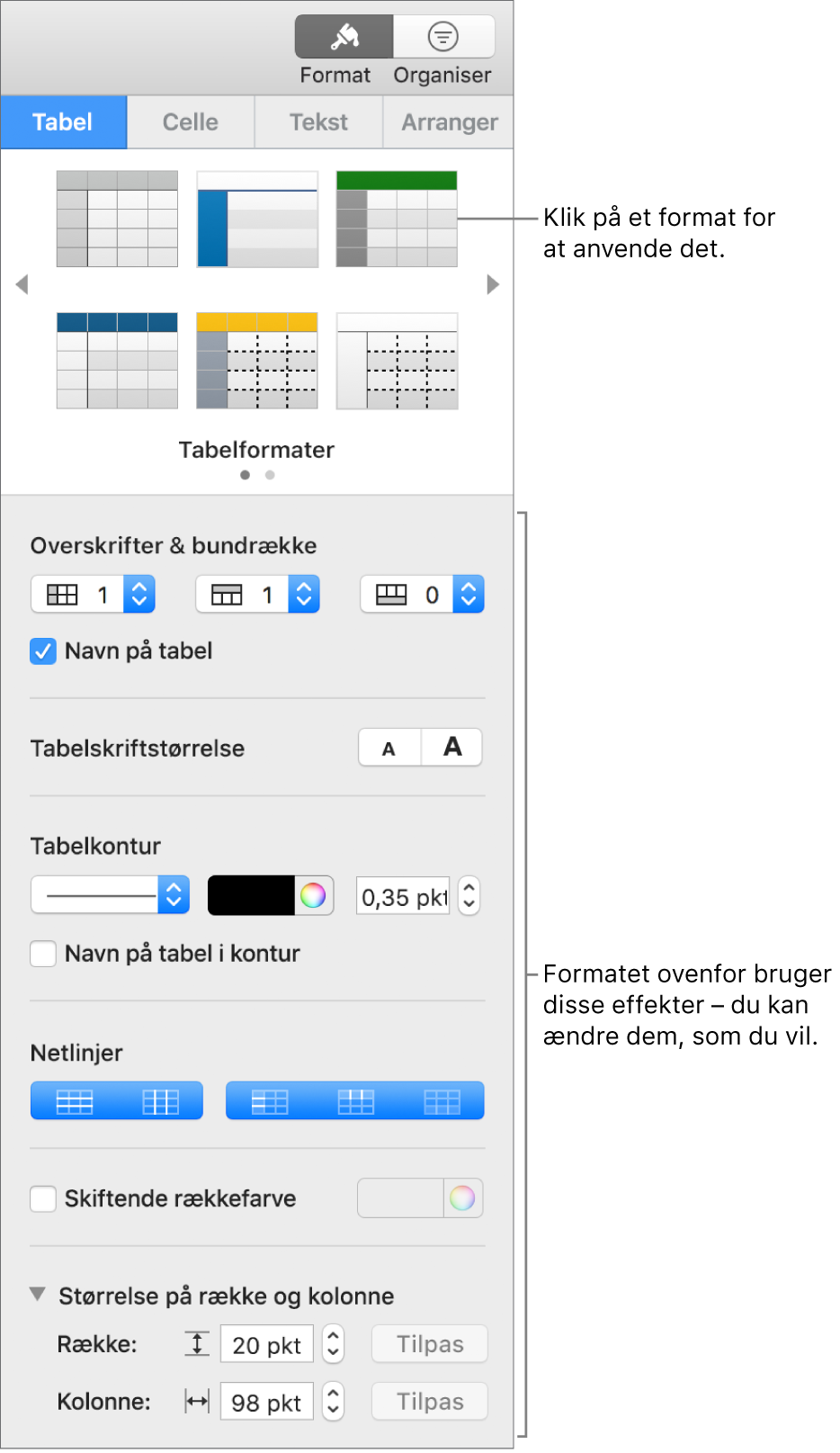Indholdsoversigten Format, der viser tabelformater og formateringsmuligheder.