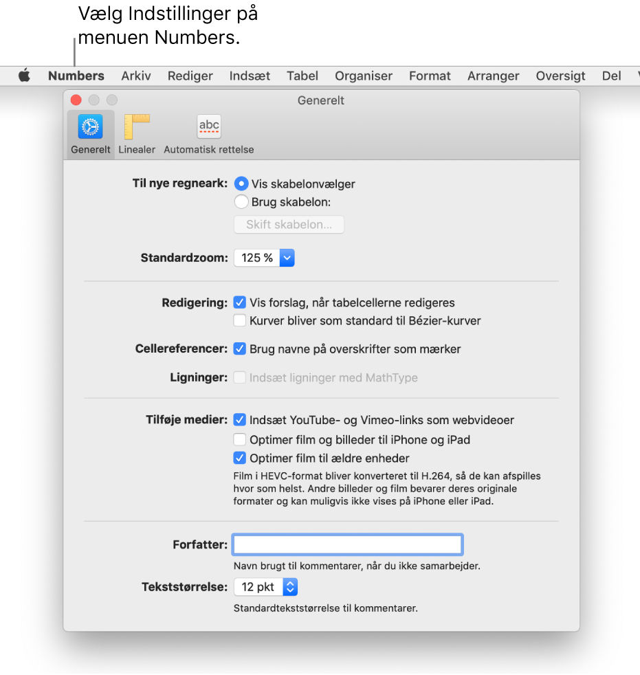 Dialogen med Numbers-indstillinger, der viser vinduet med generelle indstillinger.