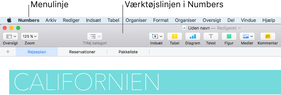 Menulinjen øverst på skærmen med menuerne Apple, Numbers, Arkiv, Rediger, Indsæt, Format, Organiser, Oversigt, Del, Vindue og Hjælp. Under menulinjen ses et åbent Numbers-regneark med knapperne Oversigt, Zoom, Tilføj kategori, Indsæt, Tabel, Diagram, Tekst, Figur, Medier og Kommentar på værktøjslinjen øverst.