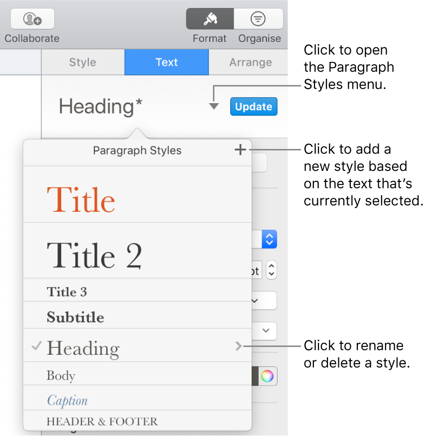The Paragraph Styles menu, showing controls to add or change a style.