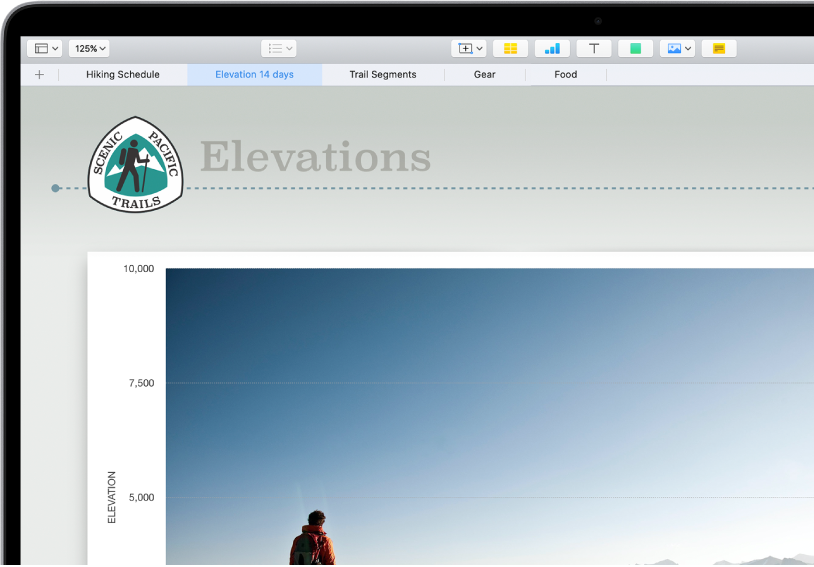 A spreadsheet tracking hiking information, showing sheet names near the top of the screen. The Add Sheet button is on the left, followed by sheet tabs for Hiking Schedule, Elevation, Trail Segments, Gear and Food. The Elevation sheet is selected.