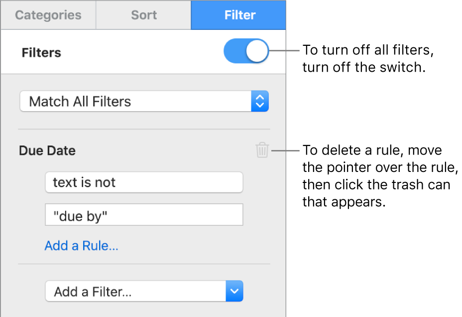 Controls for deleting a filter or turning off all filters.