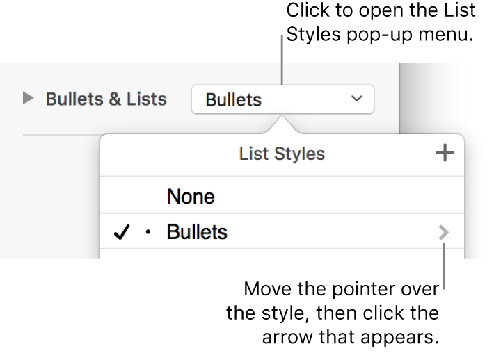 The List Styles pop-up menu with one style selected and an arrow to its far right.
