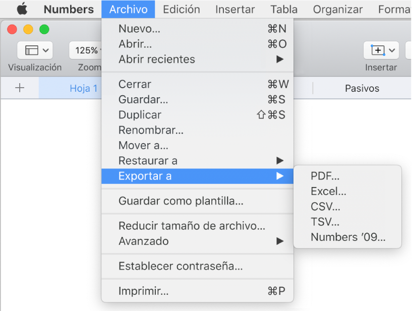 El menú Archivo abierto con la opción “Exportar a” seleccionada y con el submenú donde se muestran las opciones de exportación a PDF, Excel, CSV y Numbers '09.