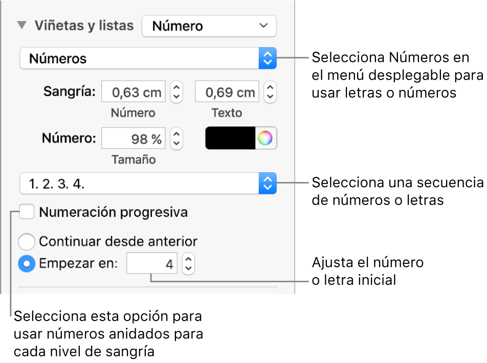 Controles para cambiar el estilo de numeración y el espaciado de una lista.