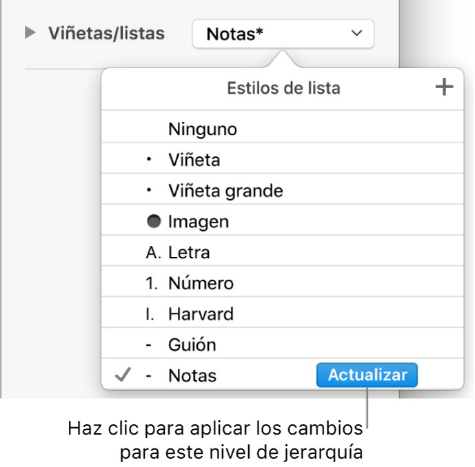 El menú desplegable “Estilos de lista” con el botón Actualizar junto al nombre del nuevo estilo.