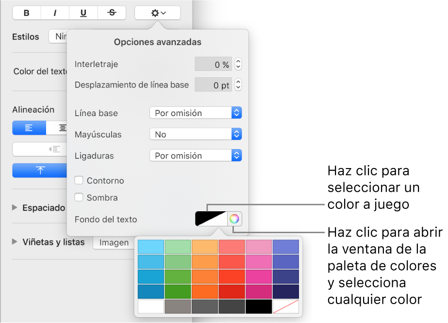 Controles para seleccionar un relleno de texto.