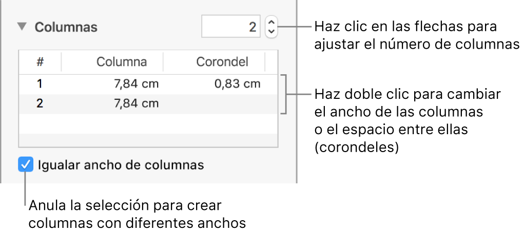 Controles de la sección de columnas para cambiar el número de columnas y la anchura de cada columna.