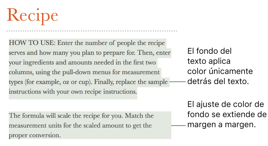 Un párrafo con color únicamente detrás del texto y un segundo párrafo con color por detrás que se extiende de margen a margen en un bloque.