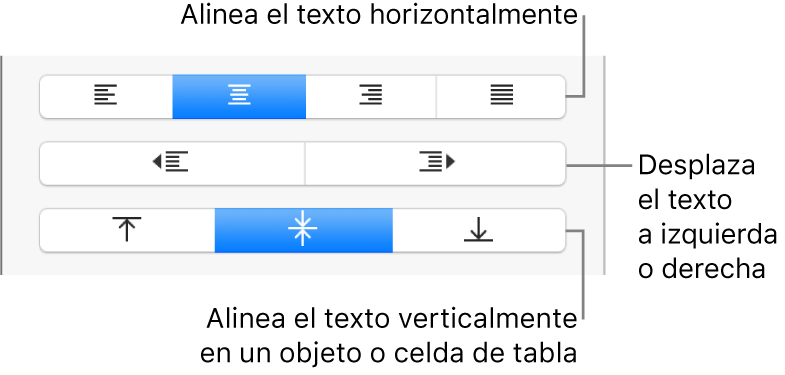 Sección Alineación con botones para alinear el texto horizontalmente, mover el texto hacia la izquierda o hacia la derecha, y alinear el texto verticalmente.