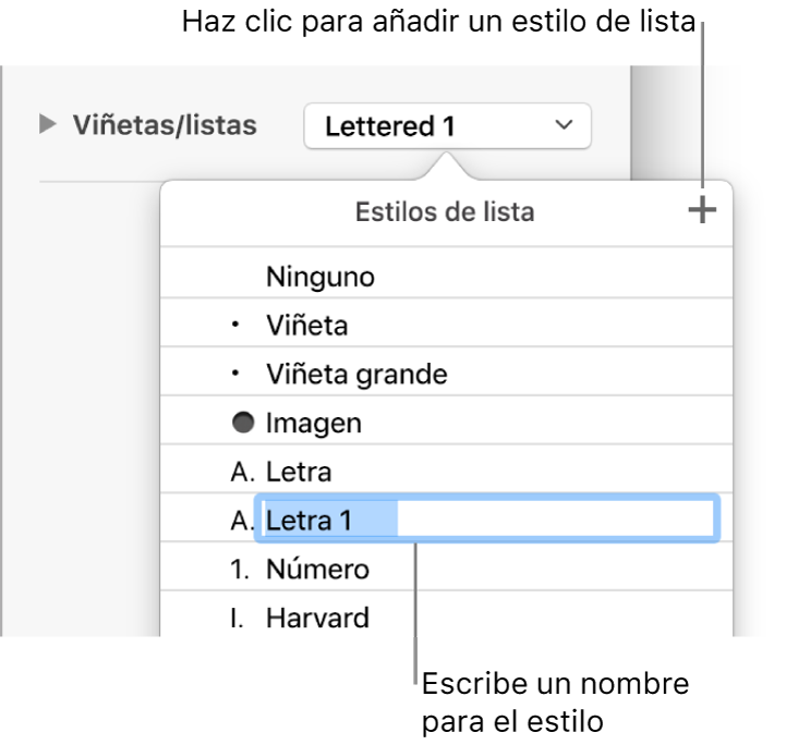 El menú desplegable “Estilos de lista” con el botón Añadir en la esquina superior derecha y un marcador de posición de nombre de estilo con su texto seleccionado.