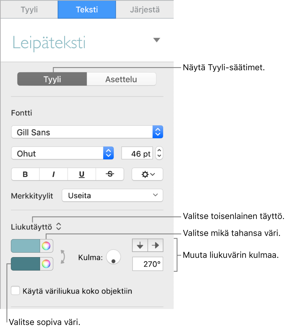 Teksti-sivupalkki, jossa näkyy, miten tekstin väriä voidaan muuttaa.