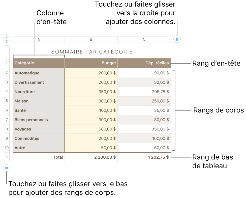 Tableau affichant des rangées et des colonnes d’en-tête, de corps et de bas de tableau, et poignées pour ajouter ou supprimer des rangées ou des colonnes.