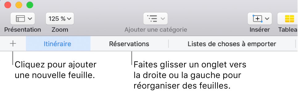 Barre des onglets pour ajouter une feuille et réorganiser les feuilles.