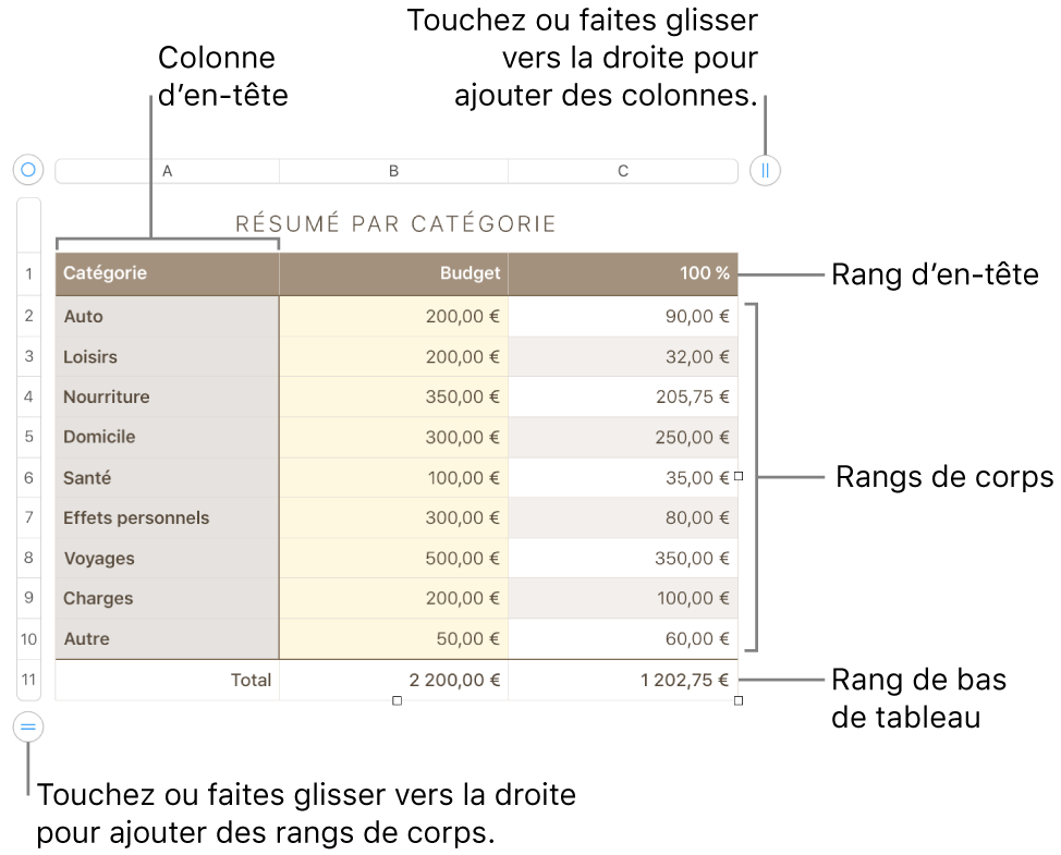 Tableau affichant des rangs et des colonnes d’en-tête, de corps et de bas de tableau, et poignées pour ajouter ou supprimer des rangs ou des colonnes.