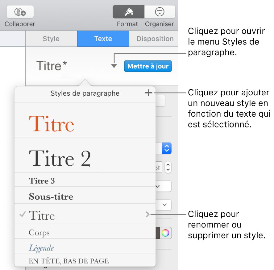 Menu Styles de paragraphe, affichant des commandes pour ajouter ou modifier un style.