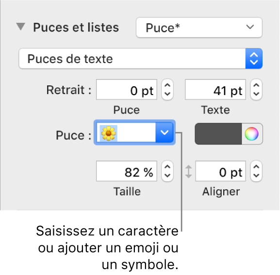 La section « Puces et listes » de la barre latérale Format. Le champ Puce affiche un Emoji en forme de fleur.