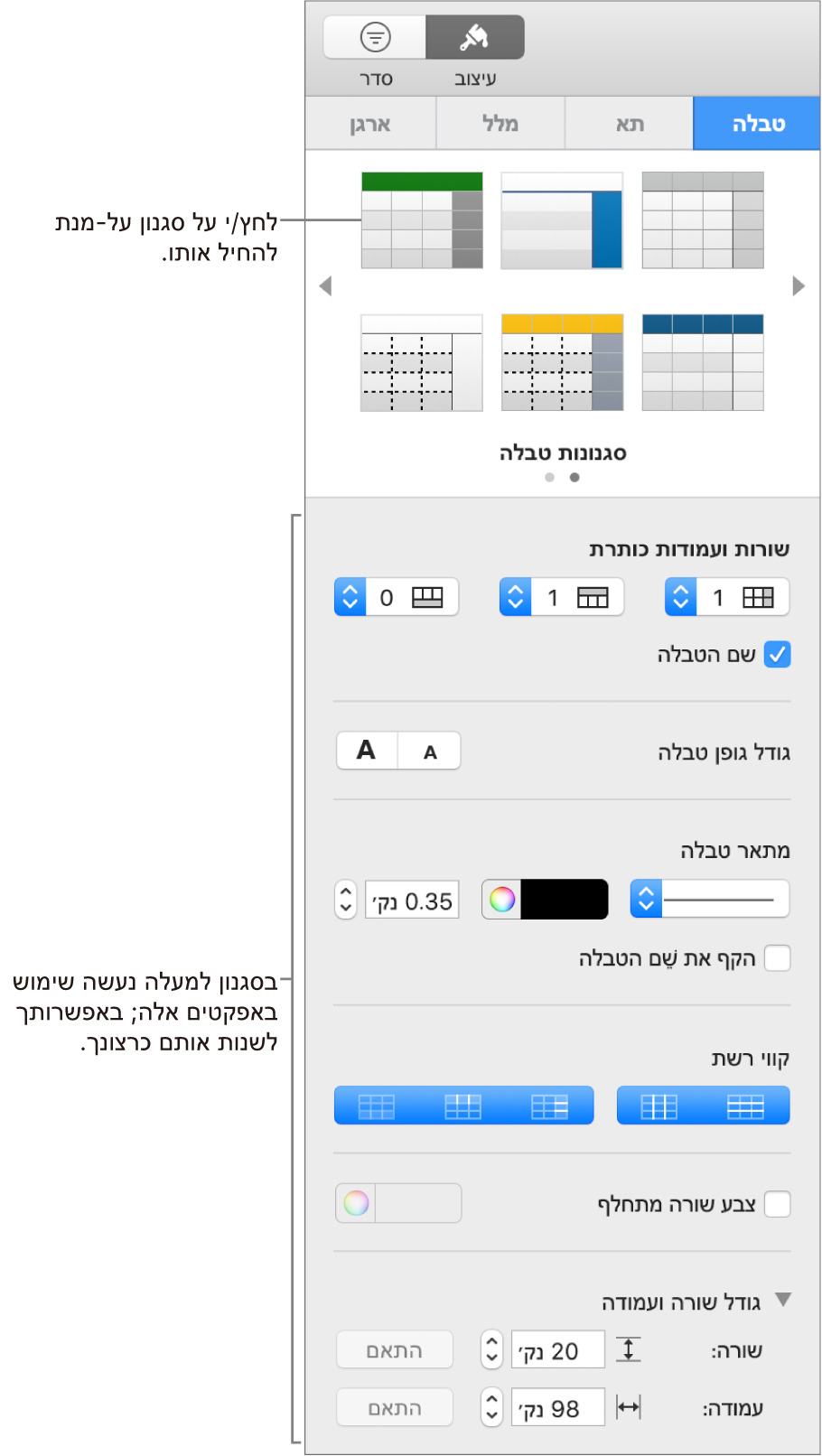 סרגל הצד מציג סגנונות טבלה ואפשרויות עיצוב.