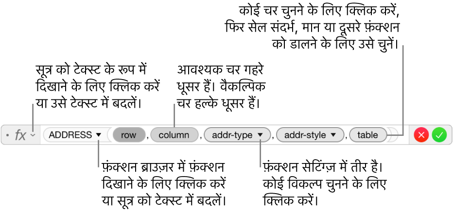 ADDRESS फ़ंक्शन और उसके आर्ग्युमेंट टोकनों को दिखाता सूत्र संपादक।