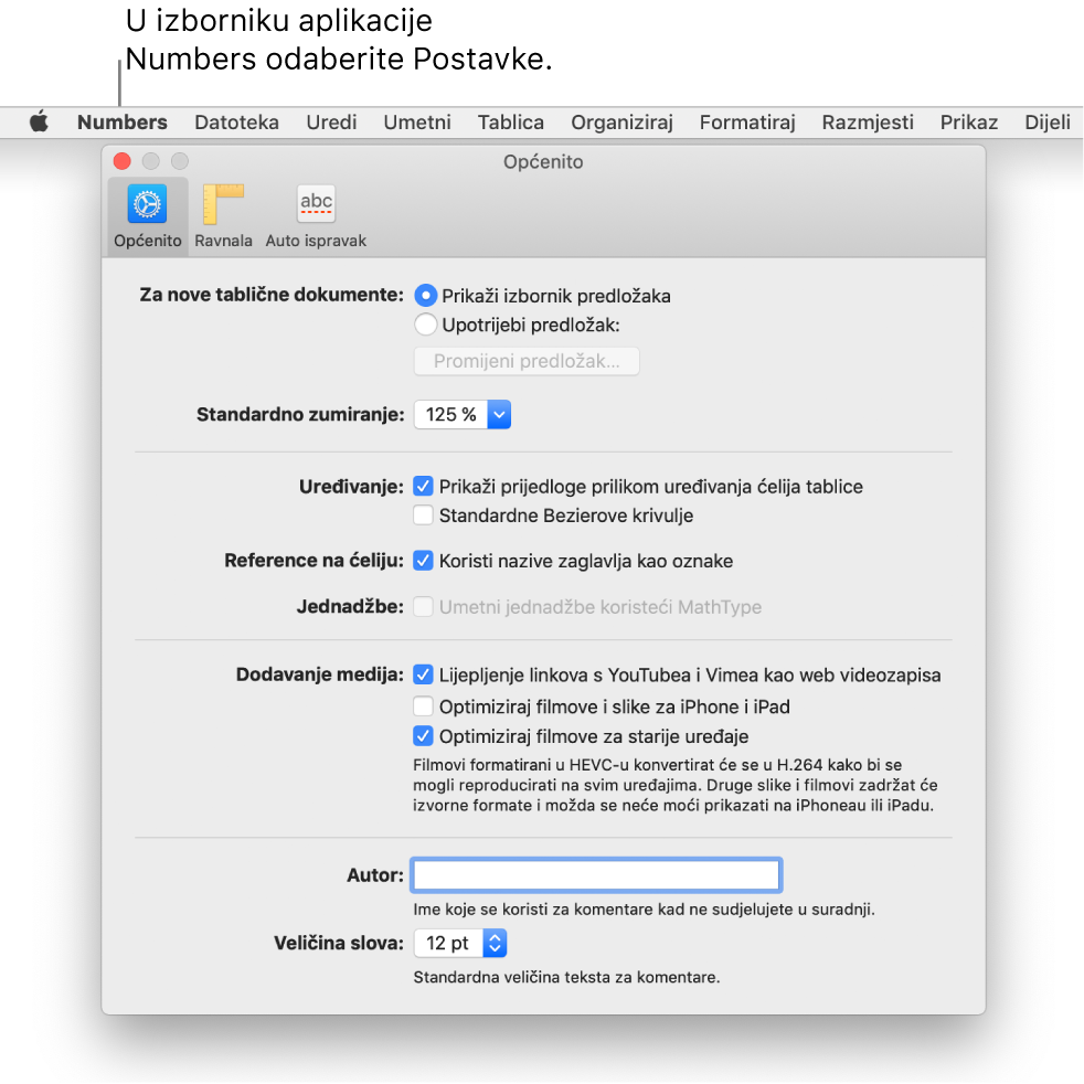 Dijaloški okvir Postavke aplikacije Numbers s prikazom prozora s općim postavkama.