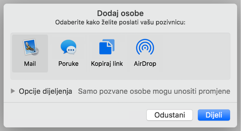 Prozor za postavke za suradnju s tipkom Dijeli na dnu.