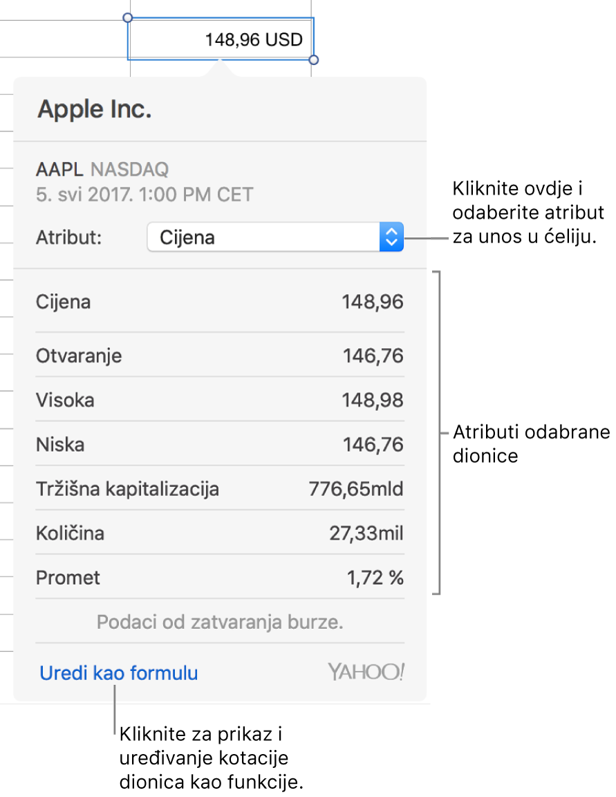 Dijaloški okvir za unos informacija o atributu dionice, s Appleom kao odabranom dionicom.