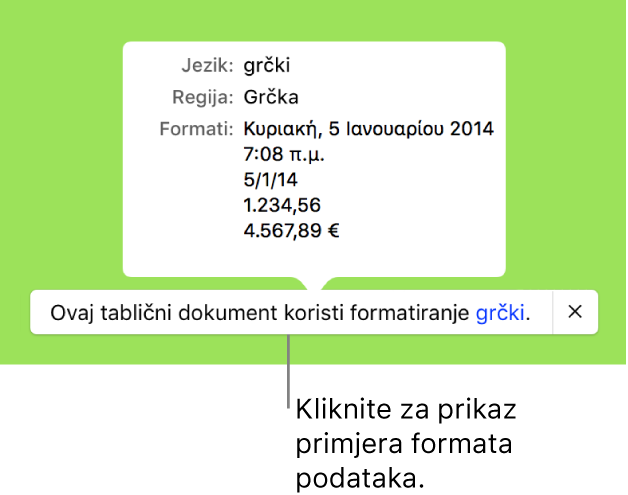 Obavijest o postavci drugog jezika i regije, pokazuje primjere formatiranja na tom jeziku i u toj regiji.