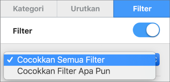 Menu pop-up untuk memilih antara menampilkan baris yang cocok dengan semua filter atau filter apa pun.