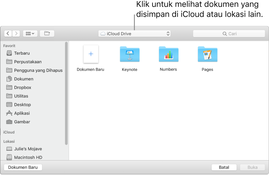 Dialog Buka dengan bar samping terbuka di sebelah kiri dan iCloud Drive dipilih di menu pop-up di bagian atas. Folder untuk Keynote, Numbers, dan Pages muncul di dialog bersama dengan tombol Dokumen Baru.