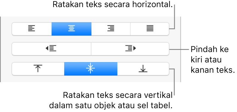 Bagian Perataan menampilkan tombol untuk meratakan teks secara horizontal, memindahkan teks ke kiri atau kanan, dan meratakan teks secara vertikal.