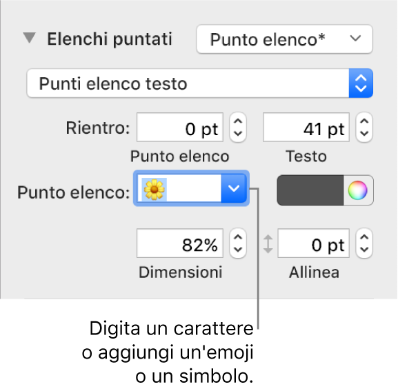 La sezione “Elenchi puntati” della barra laterale Formato. Nel campo “Punto elenco” viene visualizzata l'emoji di un fiore.
