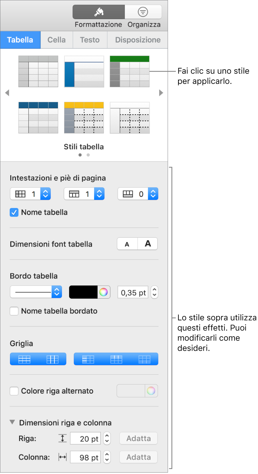 Barra laterale Formattazione con gli stili di tabella e le opzioni di formattazione.