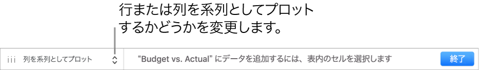 行または列のどちらを系列としてプロットするかを選択するためのポップアップメニュー。