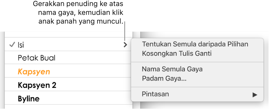 Menu Gaya Perenggan dengan menu pintasan terbuka.