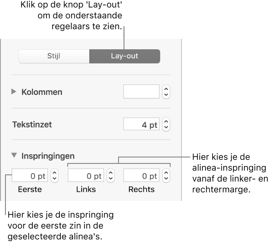 Het gedeelte 'Lay-out' van de navigatiekolom 'Opmaak' met regelaars voor het instellen van het inspringniveau van de eerste regel en de alineamarges.