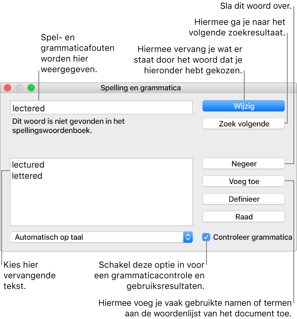 Het venster 'Spelling en grammatica'.