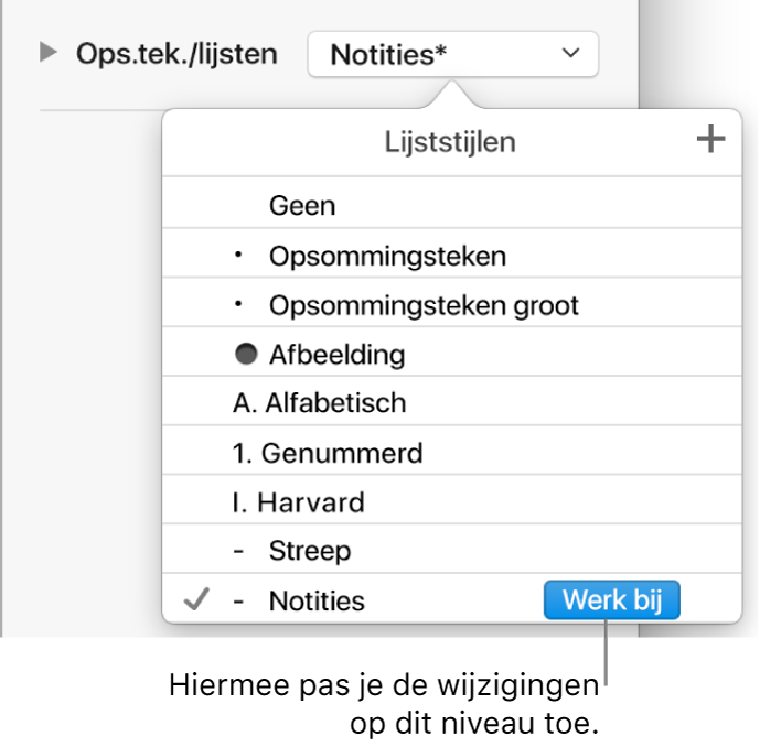 Het venstermenu 'Lijststijlen' met een knop 'Werk bij' naast de naam van de nieuwe stijl.