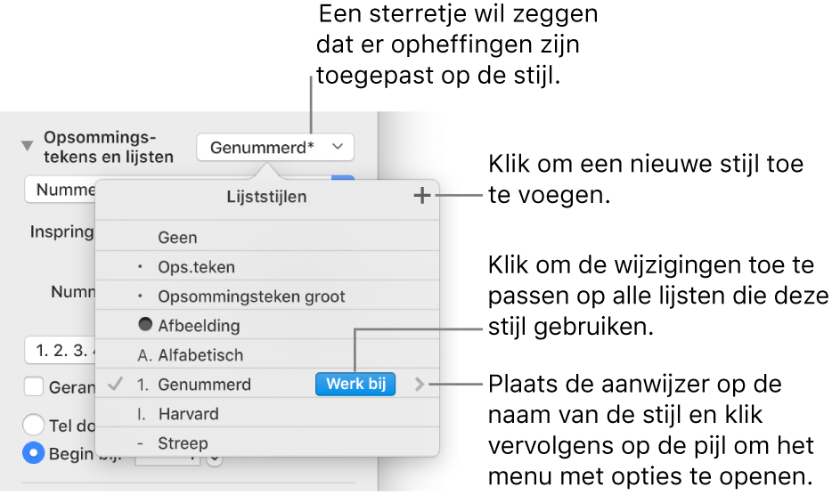 Het venstermenu 'Lijststijlen' met een sterretje dat een opheffing aangeeft, uitleg bij de knop 'Nieuwe stijl', en een submenu met opties voor het beheren van stijlen.