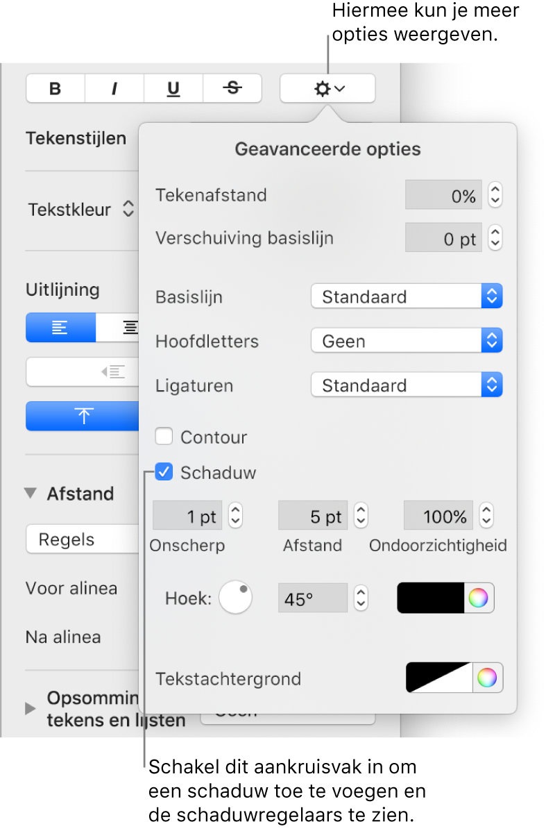 Het menu 'Geavanceerde opties' met het aankruisvak 'Schaduwen' ingeschakeld en regelaars voor het instellen van de vervaging, afstand, ondoorzichtigheid, hoek en kleur.