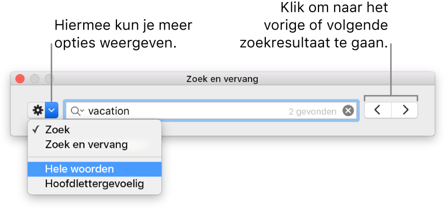 Het venster 'Zoek en vervang' met uitleg bij de knop voor de opties 'Zoek', 'Zoek en vervang', 'Hele woorden' en 'Hoofdlettergevoelig'. Met de pijlen aan de rechterkant kun je naar de vorige of volgende zoekresultaten gaan.