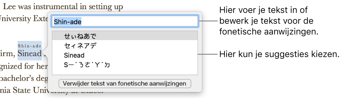 De fonetische aanwijzingen voor een woord, met uitleg bij het tekstveld en de voorgestelde tekst.