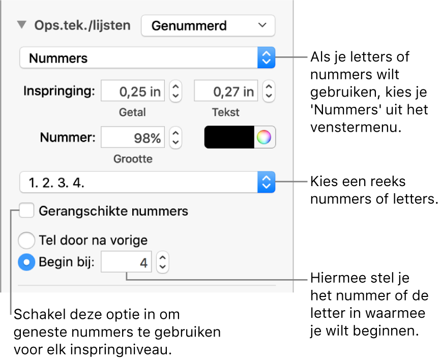 Regelaars voor het wijzigen van de nummeringsstijl en de afstand voor een lijst.