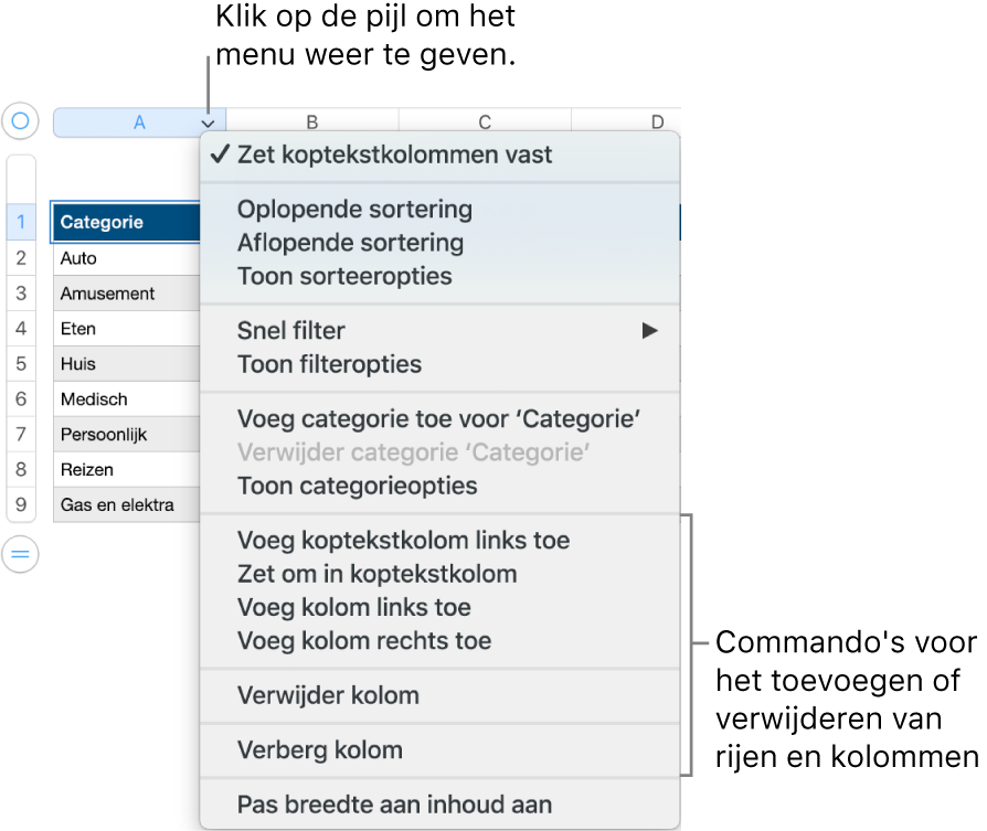 Het tabelkolommenu met commando's voor het toevoegen of verwijderen van rijen en kolommen.