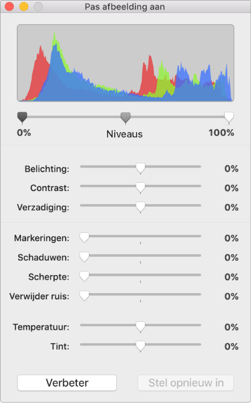 Het venster 'Pas afbeelding aan' met schuifknoppen voor de configuratie van belichting, contrast, verzadiging, markeringen, schaduwen, scherpte, ruisverwijdering, temperatuur en tint.