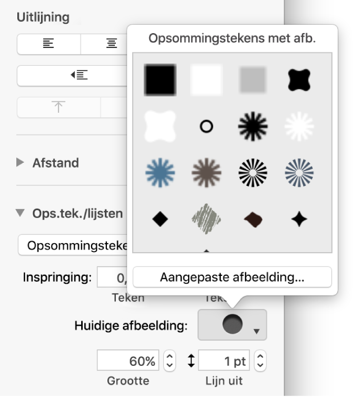 Het venstermenu 'Opsommingstekens met afb.'.